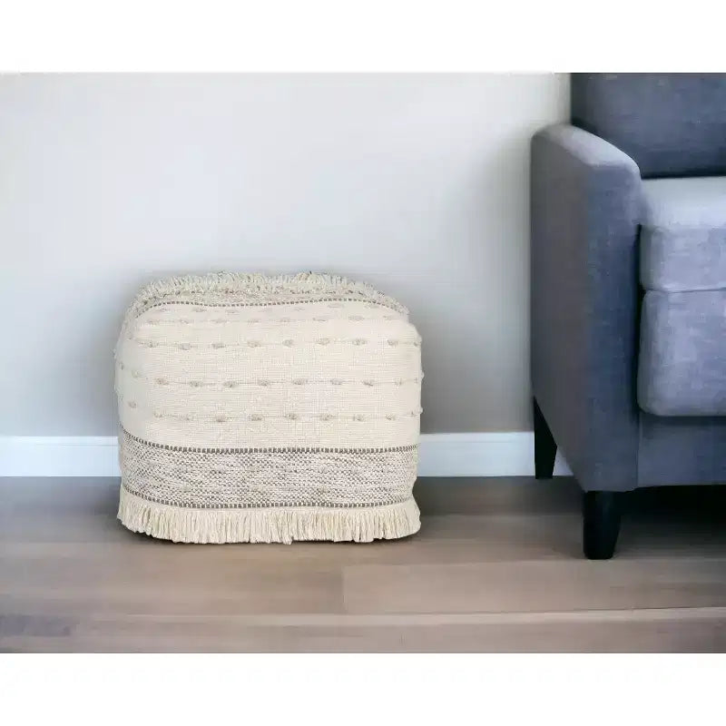 18" Cream Cotton Striped Pouf Ottoman