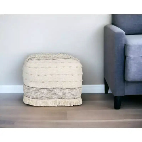 18" Cream Cotton Striped Pouf Ottoman