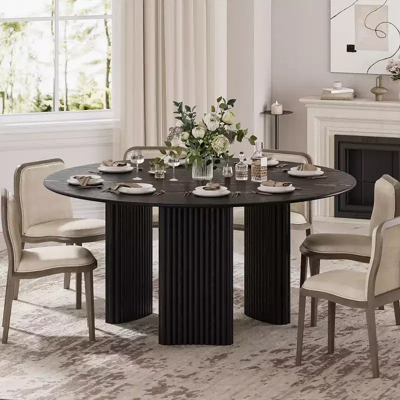 60-Inch Round Dining Table with Striped Legs and Wood Top, Seats up to 8, Black