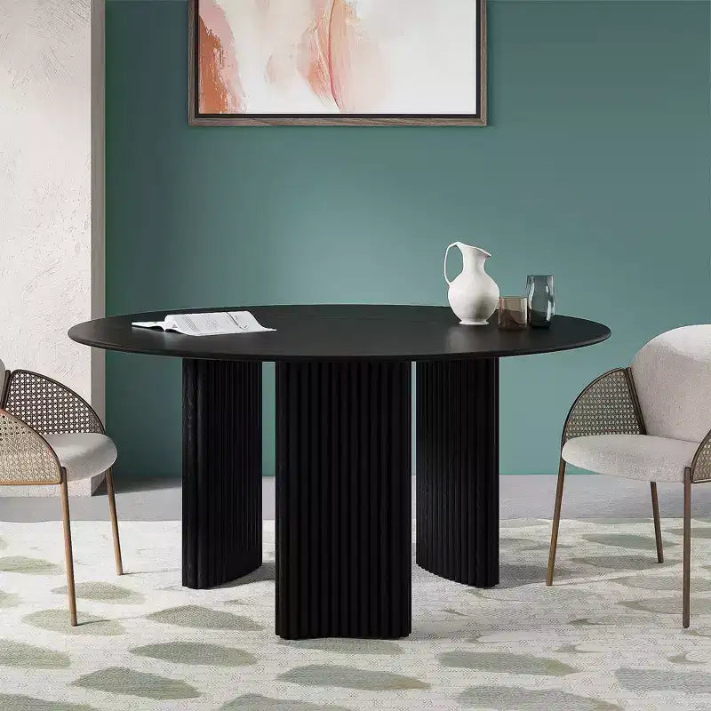 60-Inch Round Dining Table with Striped Legs and Wood Top, Seats up to 8, Black