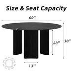 60-Inch Round Dining Table with Striped Legs and Wood Top, Seats up to 8, Black