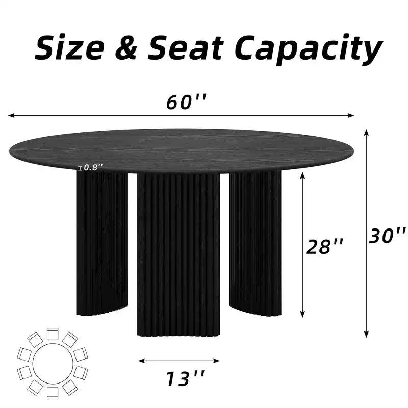 60-Inch Round Dining Table with Striped Legs and Wood Top, Seats up to 8, Black