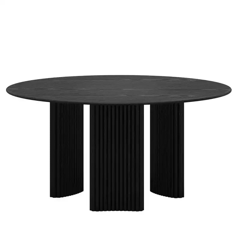 60-Inch Round Dining Table with Striped Legs and Wood Top, Seats up to 8, Black