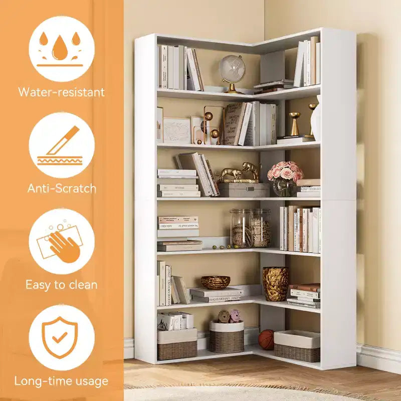L-Shaped 6-Tier Corner Bookshelf with Safety Baffles