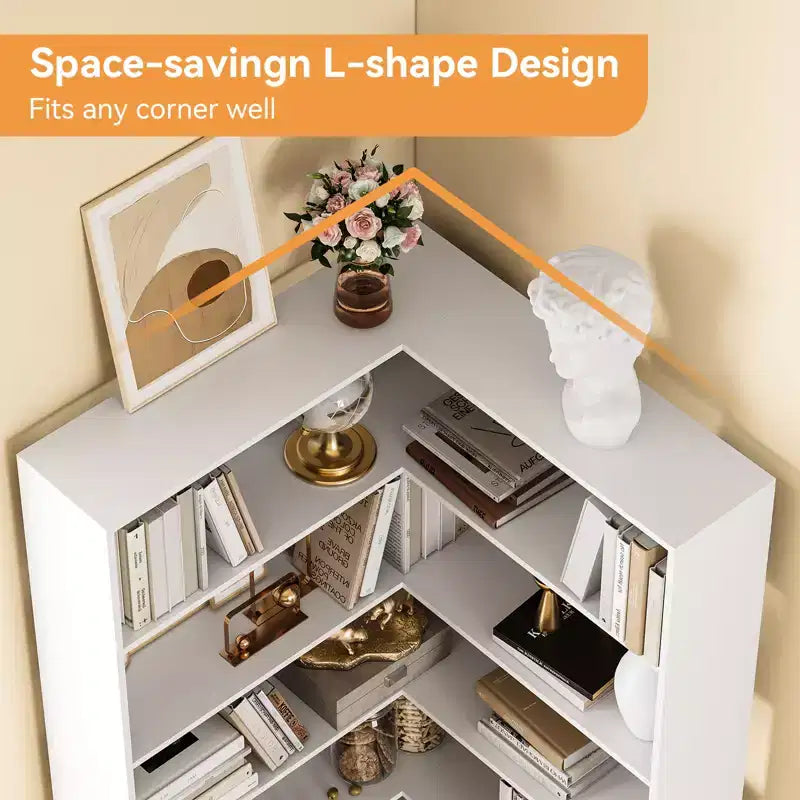 L-Shaped 6-Tier Corner Bookshelf with Safety Baffles