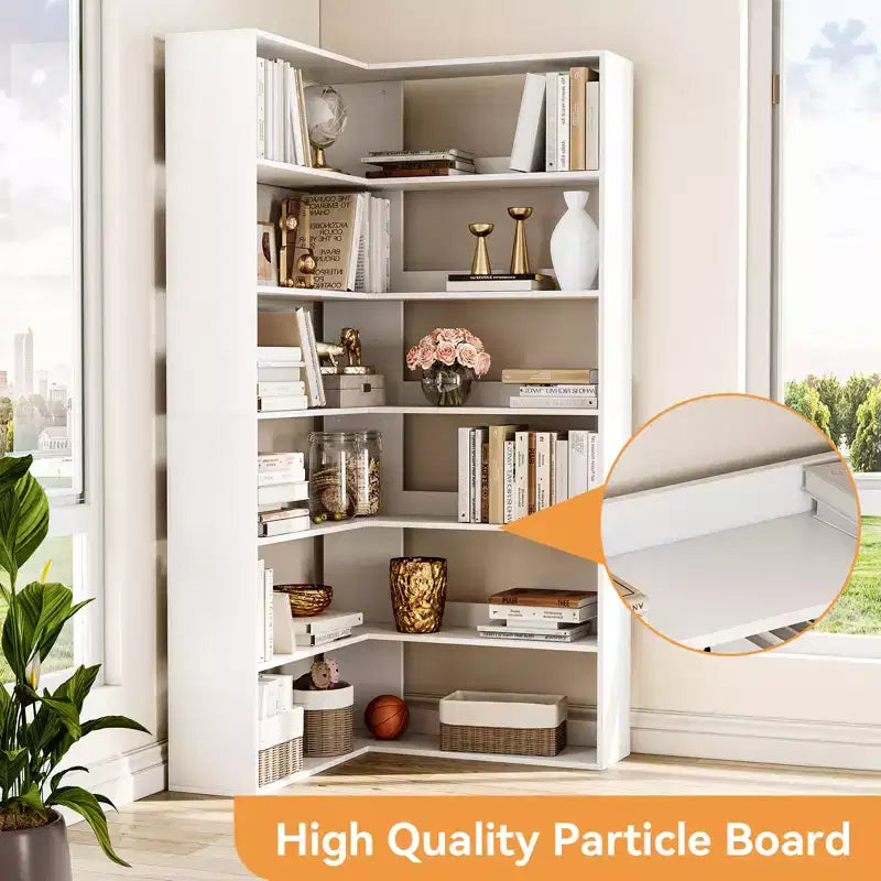 L-Shaped 6-Tier Corner Bookshelf with Safety Baffles