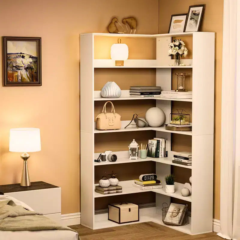 L-Shaped 6-Tier Corner Bookshelf with Safety Baffles