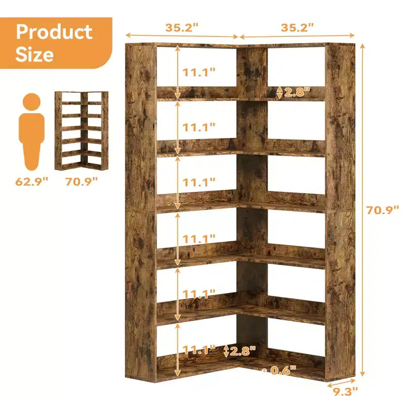 L-Shaped 6-Tier Corner Bookshelf with Safety Baffles