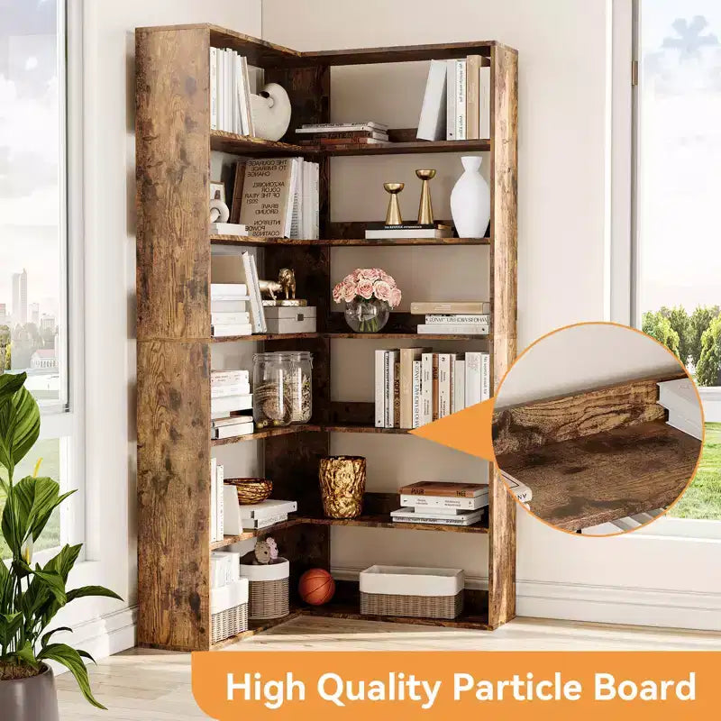 L-Shaped 6-Tier Corner Bookshelf with Safety Baffles