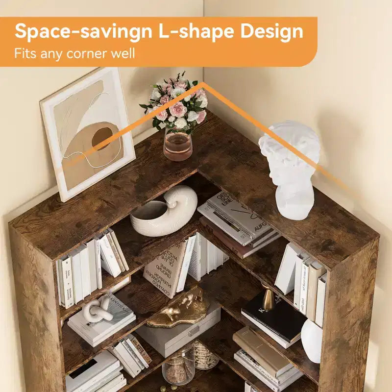 L-Shaped 6-Tier Corner Bookshelf with Safety Baffles