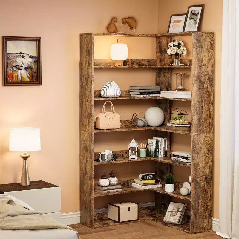 L-Shaped 6-Tier Corner Bookshelf with Safety Baffles