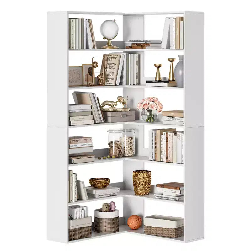 L-Shaped 6-Tier Corner Bookshelf with Safety Baffles
