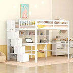 Full Size Loft Bed with Desk, Bookshelves and Storage Staircase – White