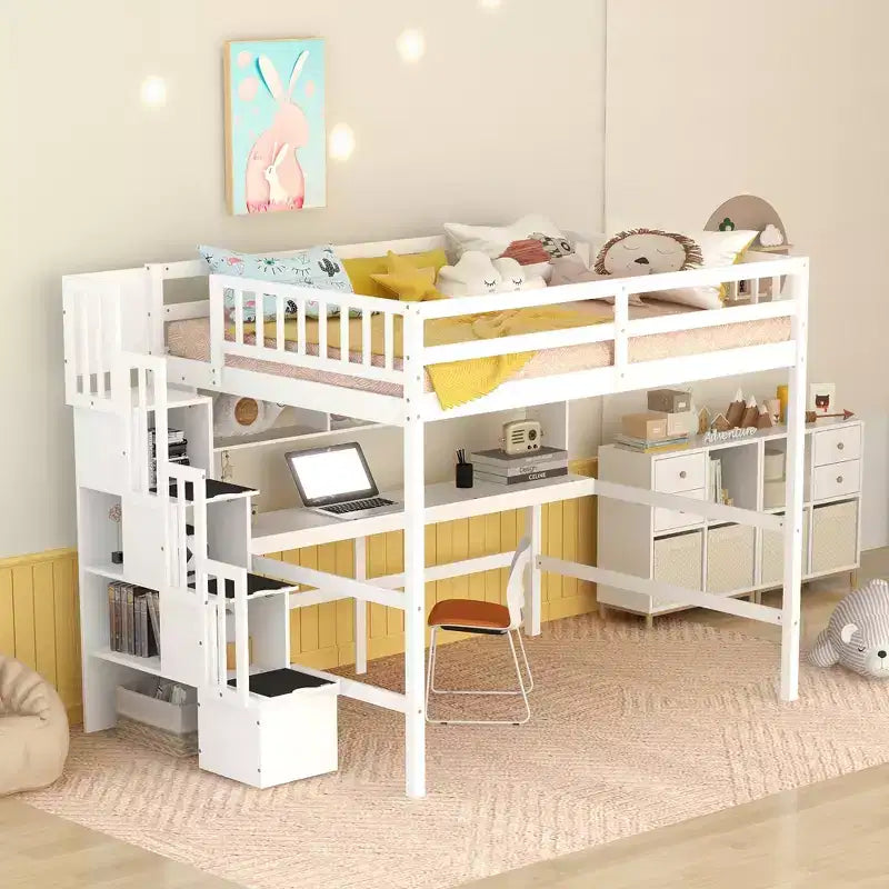 Full Size Loft Bed with Desk, Bookshelves and Storage Staircase – White