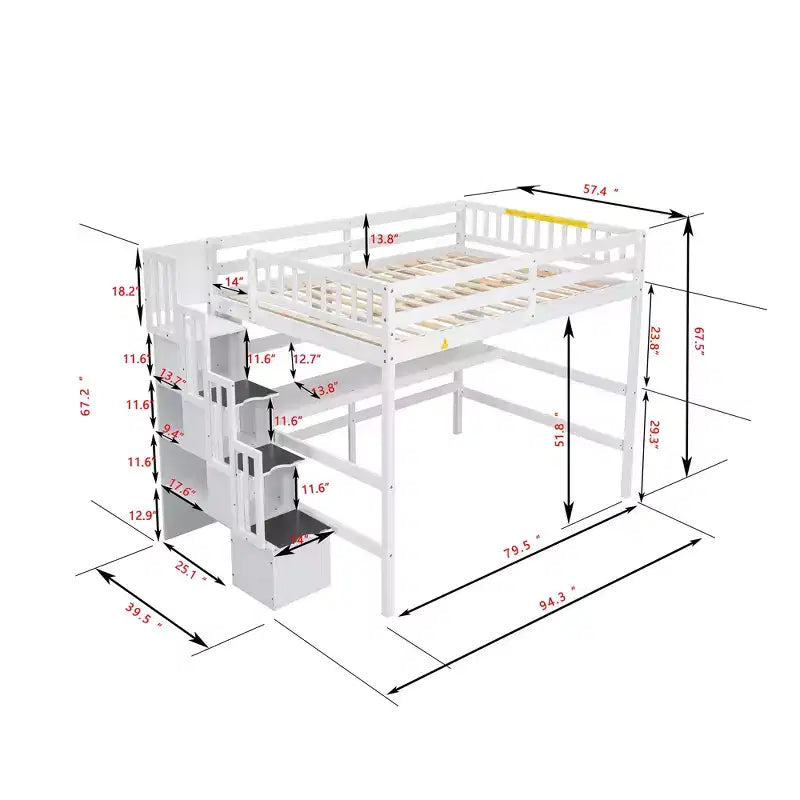 Full Size Loft Bed with Desk, Bookshelves and Storage Staircase – White