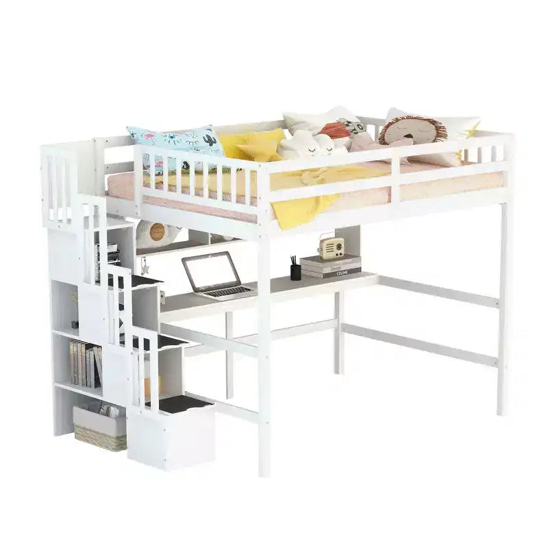 Full Size Loft Bed with Desk, Bookshelves and Storage Staircase – White