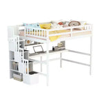 Full Size Loft Bed with Desk, Bookshelves and Storage Staircase – White