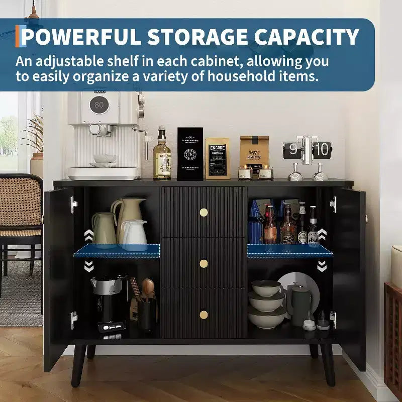47" Fluted Sideboard Cabinet with 2 Doors and 3 Drawers, Black