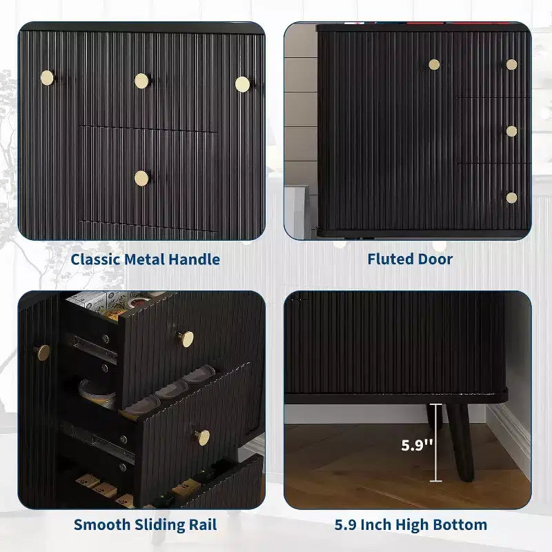 47" Fluted Sideboard Cabinet with 2 Doors and 3 Drawers, Black