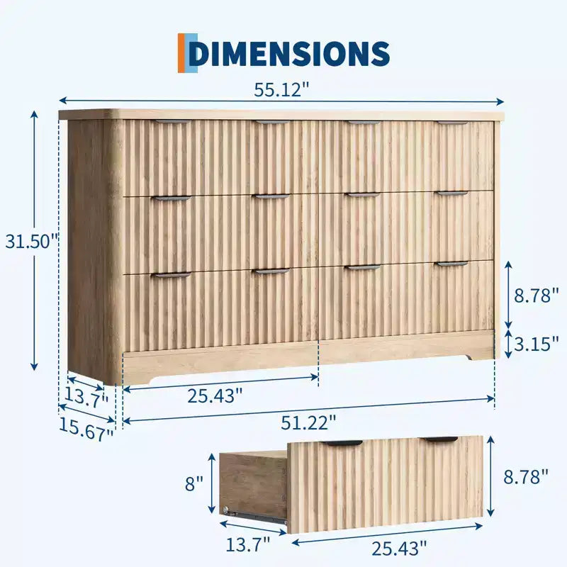 Fluted 6-Drawer Dresser with Wide Top for Bedroom and Living Room