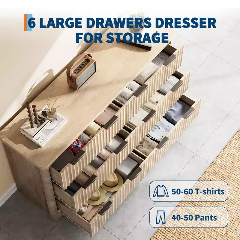 Fluted 6-Drawer Dresser with Wide Top for Bedroom and Living Room