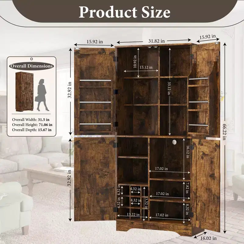 71" Tall Kitchen Pantry Cabinet with Bottle Storage and Adjustable Shelves, Rustic Brown