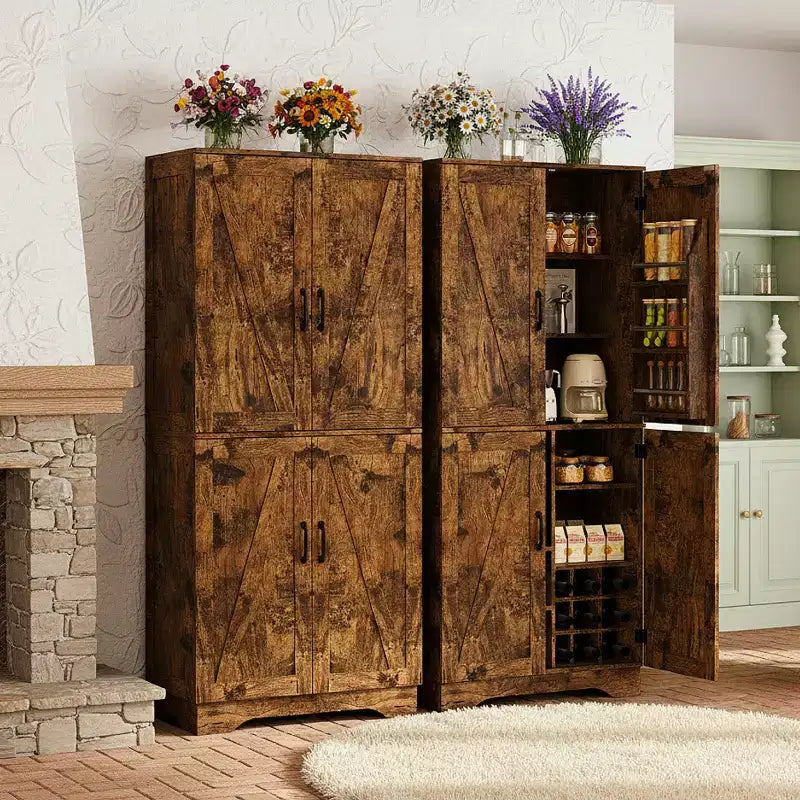71" Tall Kitchen Pantry Cabinet with Bottle Storage and Adjustable Shelves, Rustic Brown