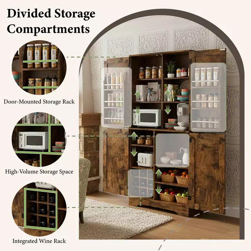 71" Tall Kitchen Pantry Cabinet with Bottle Storage and Adjustable Shelves, Rustic Brown