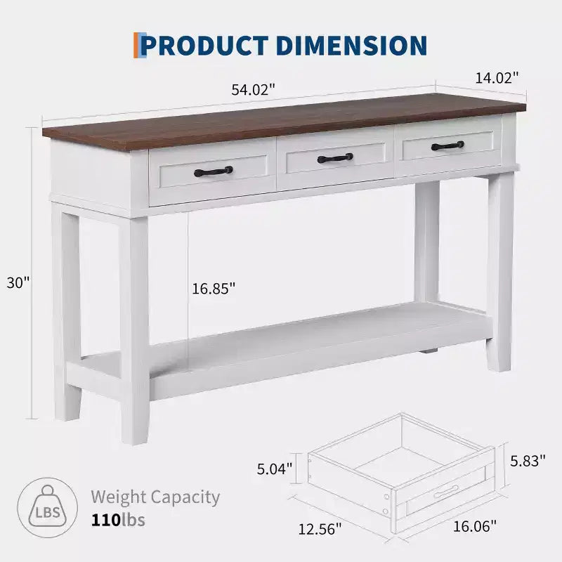 Console Table with 3 Drawers and Open Shelves, 54-Inch Farmhouse Entryway Table
