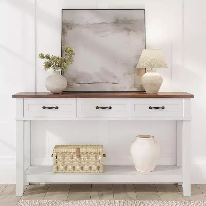 Console Table with 3 Drawers and Open Shelves, 54-Inch Farmhouse Entryway Table