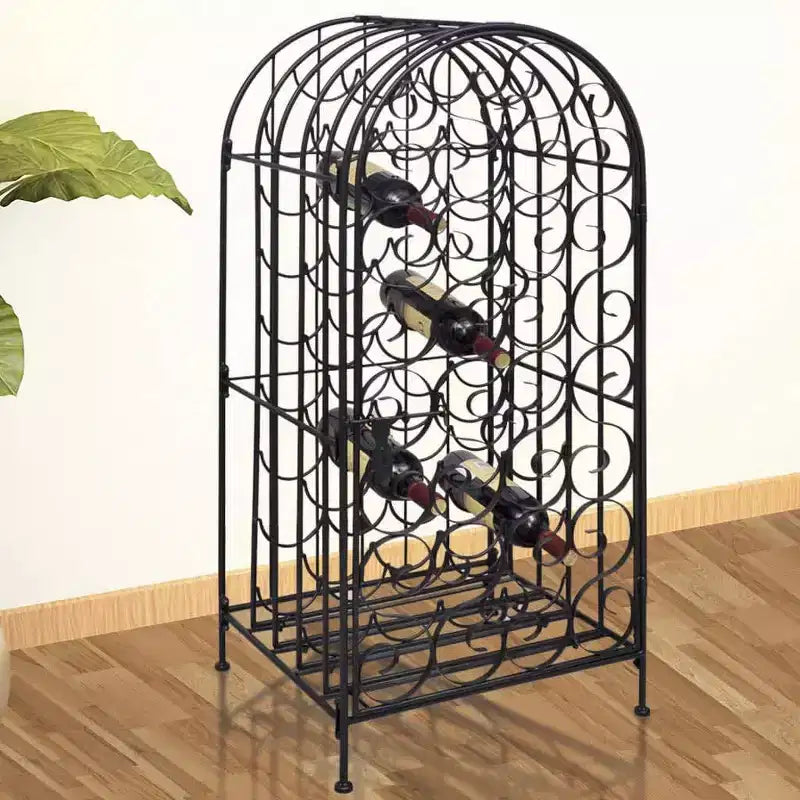 Floor Standing Wine Rack with Glass Hooks – Wrought Iron, Black