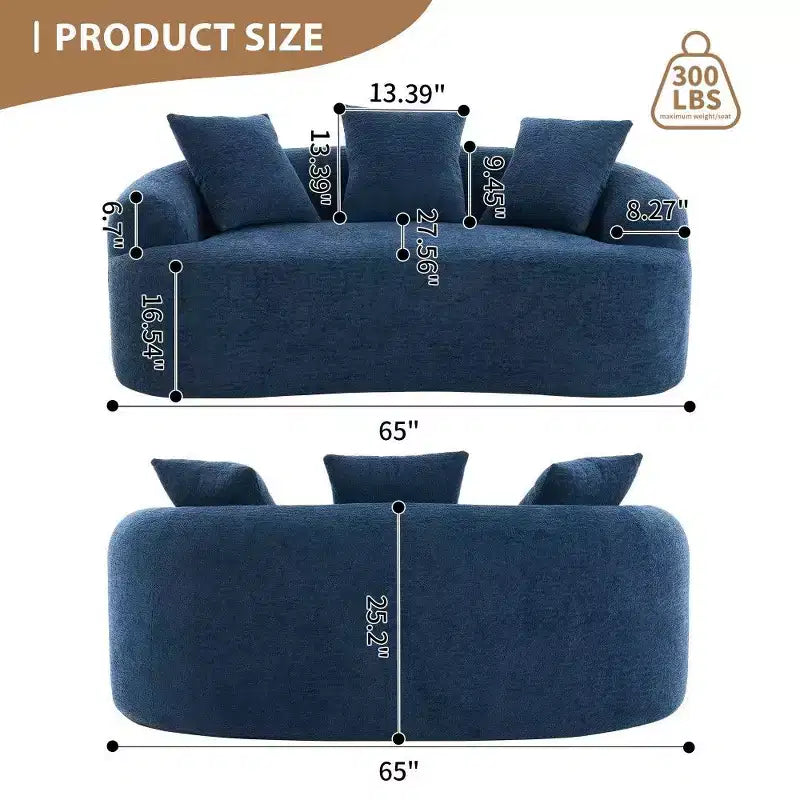 65-Inch Curved Loveseat Sofa with 3 Pillows, Chenille Upholstery, No Assembly Required
