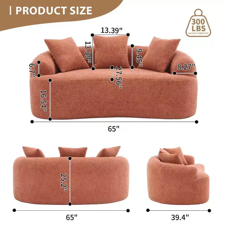 65-Inch Curved Loveseat Sofa with 3 Pillows, Chenille Upholstery, No Assembly Required