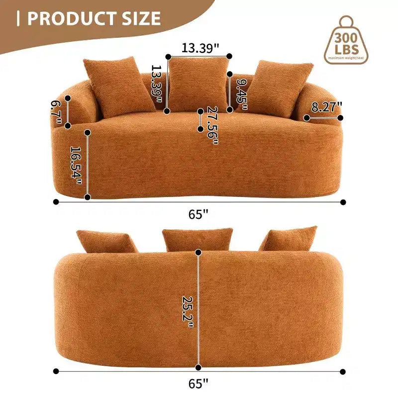 65-Inch Curved Loveseat Sofa with 3 Pillows, Chenille Upholstery, No Assembly Required