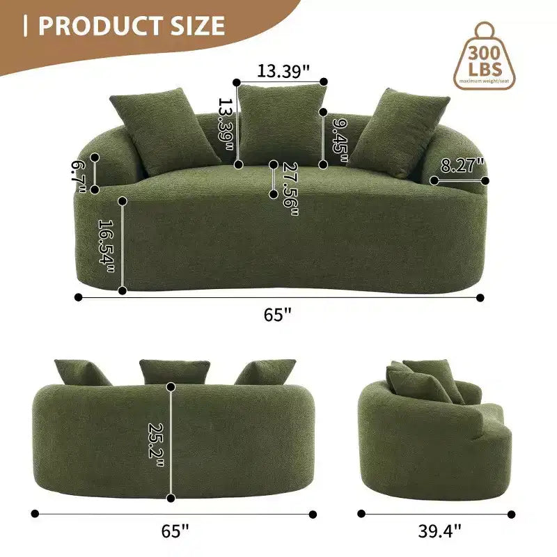 65-Inch Curved Loveseat Sofa with 3 Pillows, Chenille Upholstery, No Assembly Required