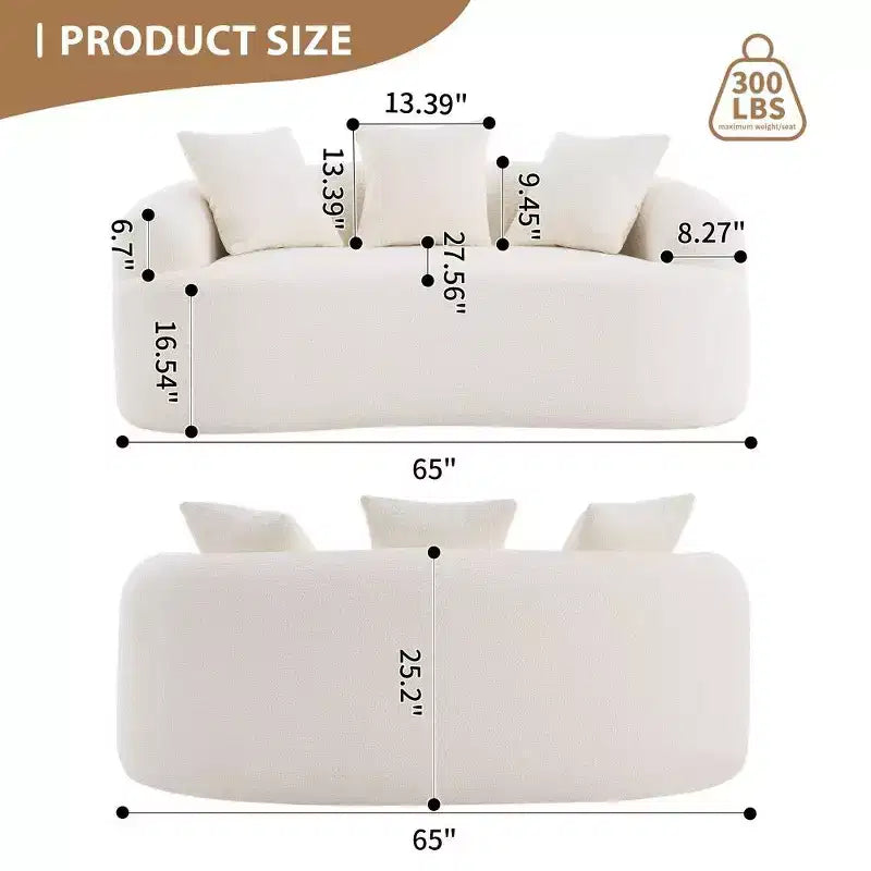 65-Inch Curved Loveseat Sofa with 3 Pillows, Chenille Upholstery, No Assembly Required