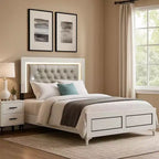 Queen Size Platform Bed with LED Trim and Button Tufted Headboard, White