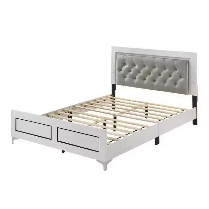 Queen Size Platform Bed with LED Trim and Button Tufted Headboard, White