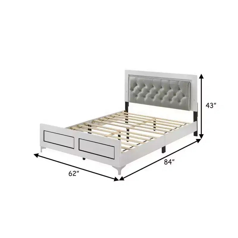 Queen Size Platform Bed with LED Trim and Button Tufted Headboard, White