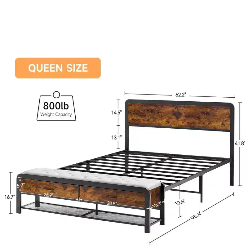 Platform Bed Frame with Storage Drawers and Upholstered Bench