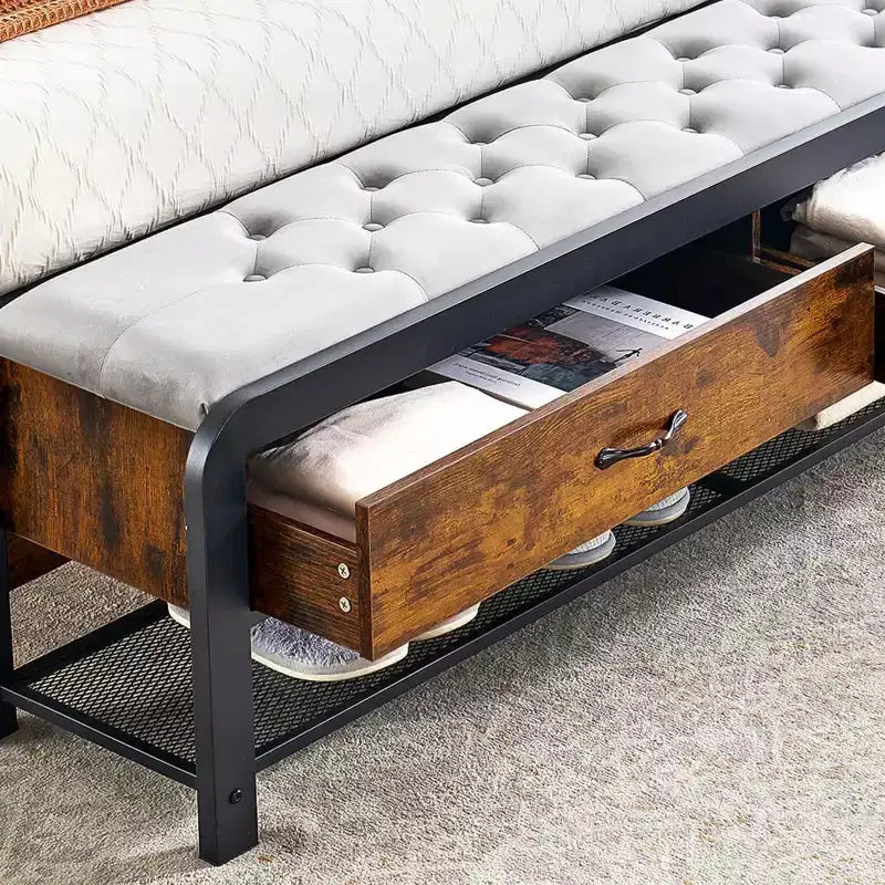 Platform Bed Frame with Storage Drawers and Upholstered Bench