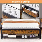 Platform Bed Frame with Storage Drawers and Upholstered Bench