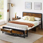 Platform Bed Frame with Storage Drawers and Upholstered Bench