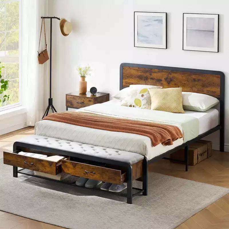 Platform Bed Frame with Storage Drawers and Upholstered Bench