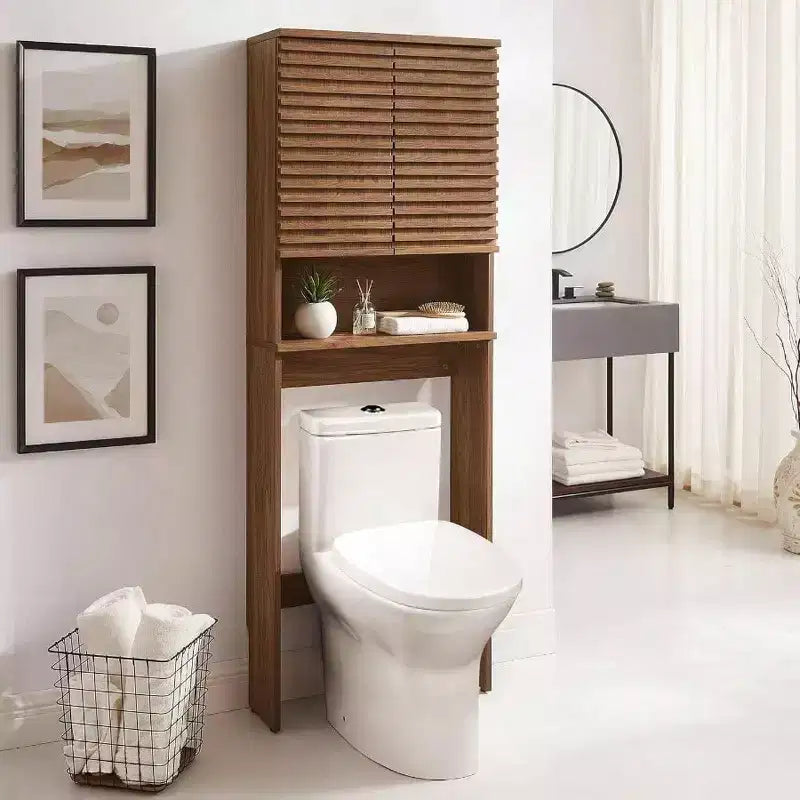 Over-the-Toilet Storage Cabinet with Open Shelf and Slatted Doors