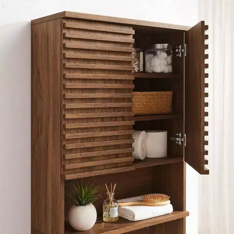 Over-the-Toilet Storage Cabinet with Open Shelf and Slatted Doors