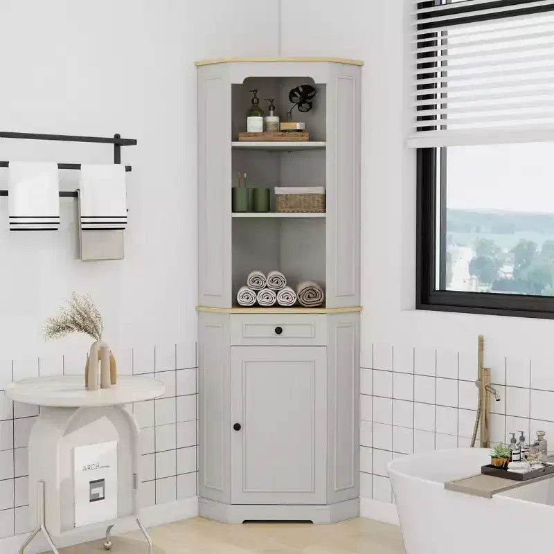 Antique White Corner Pantry Cabinet with 5 Shelves