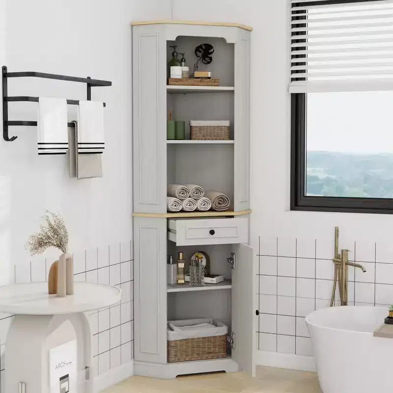 Antique White Corner Pantry Cabinet with 5 Shelves