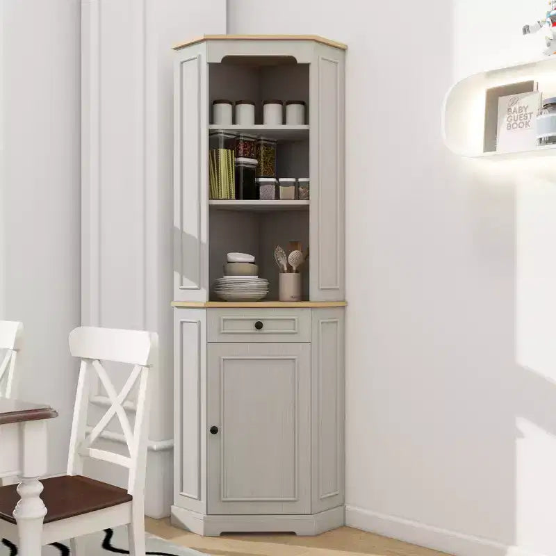Antique White Corner Pantry Cabinet with 5 Shelves