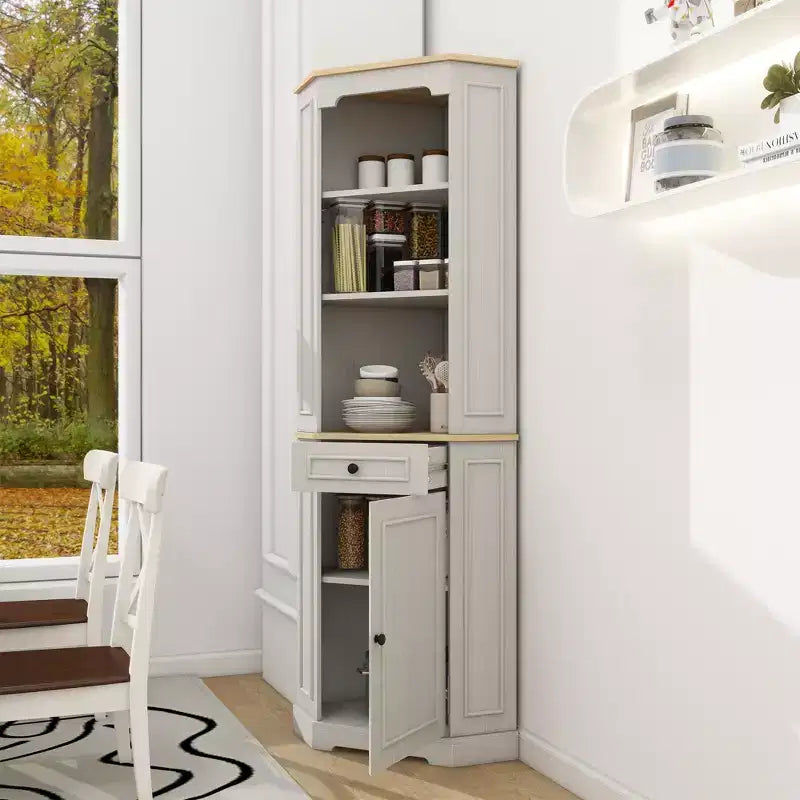 Antique White Corner Pantry Cabinet with 5 Shelves